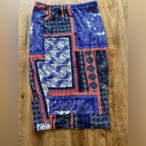 ASOS size 8 bodycon unlined stretch viscose abstract skirt red blue midi euc